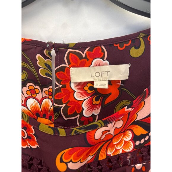 LOFT Floral Print Blouse Maroon Multicolor Long Sleeve Pullover Women’s XL - Picture 3 of 8